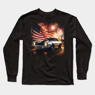 Classic Chevrolet Camaro and The American Flag by Gas Autos Long Sleeve T-Shirt